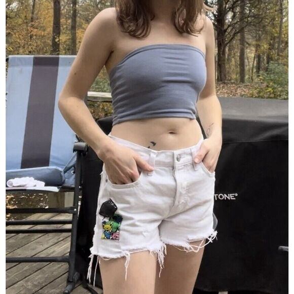 Upcycled High Rise Jean Shorts Reworked Grunge Concert Grateful Dead Bears S 25 - Picture 4 of 15
